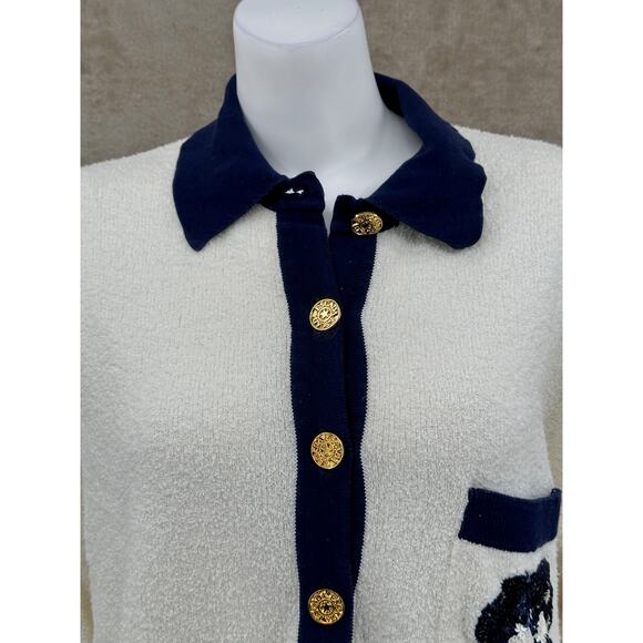 Vintage Escada Set Womens Sweater 42 Skirt 40 Cream Navy Bouclé Sequins Knit - Picture 2 of 16